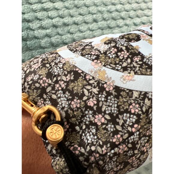 Tory Burch Floral Print Logo Wristlet Pouch Black Multi with Gold Clip - Picture 3 of 5